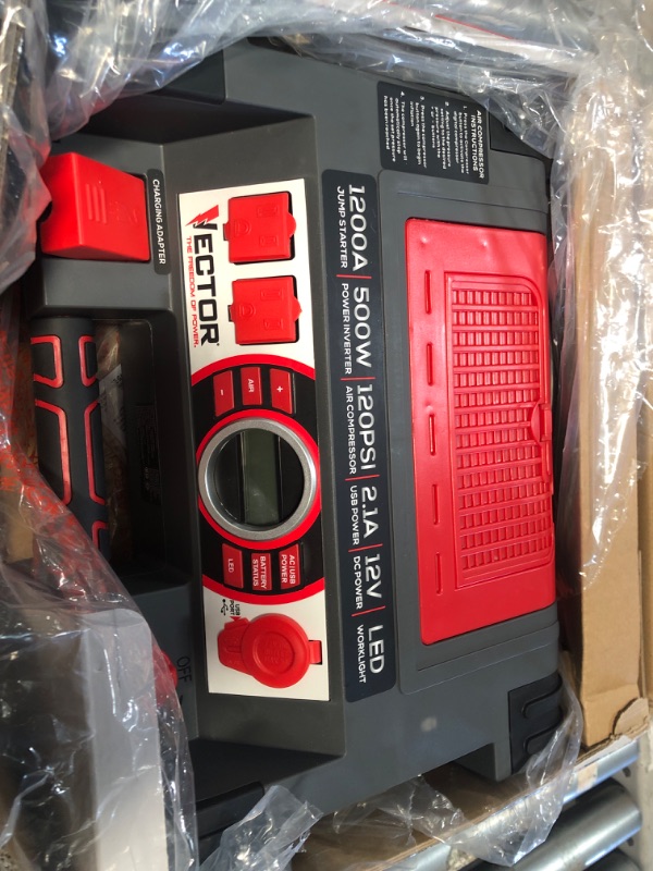 Photo 2 of VECTOR 1200 Peak Amp Jump Starter, PPRH5V, Battery Booster, Dual Power Inverter, 120 PSI Air Compressor, USB Charging Port, Rechargeable