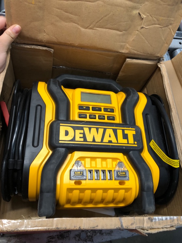 Photo 2 of DEWALT DXAEPS14 1600 Peak Battery Amp 12V Automotive Jump Starter/Power Station with 500 Watt AC Power Inverter, 120 PSI Digital Compressor, and USB Power , Yellow