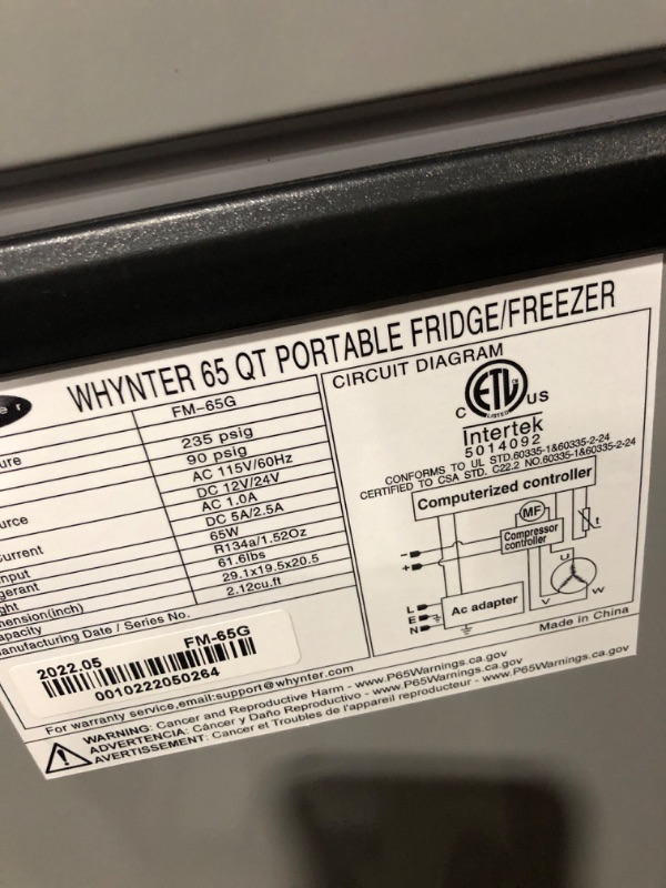Photo 5 of **PARTS ONLY, NON-FUNCTIONAL, MISSING CORD** Whynter FM-65G 65 Quart Portable Refrigerator and Deep, AC 110V/ DC 12V, Gray, One Size