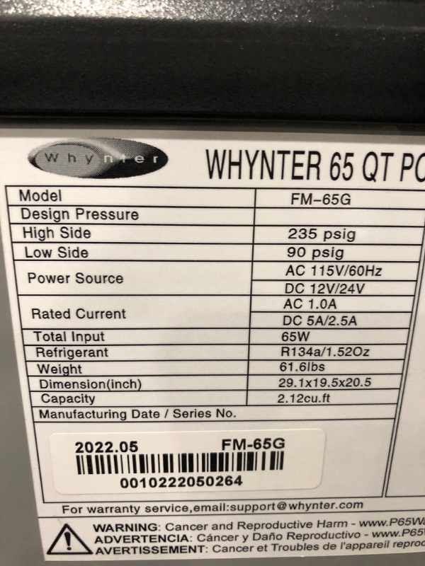 Photo 4 of **PARTS ONLY, NON-FUNCTIONAL, MISSING CORD** Whynter FM-65G 65 Quart Portable Refrigerator and Deep, AC 110V/ DC 12V, Gray, One Size
