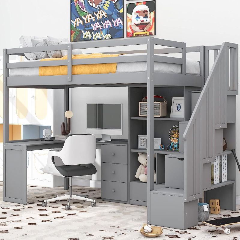 Photo 1 of ***INCOMPLETE MISSING BOX 1 & 2 OF 3 !! Wooden Loft Bed with L-Shaped Desk and Drawers, Twin Size Bed Frame with Cabinet and Storage Staircase Storage Shelves for Teens Adults Bedroom (Grey)
