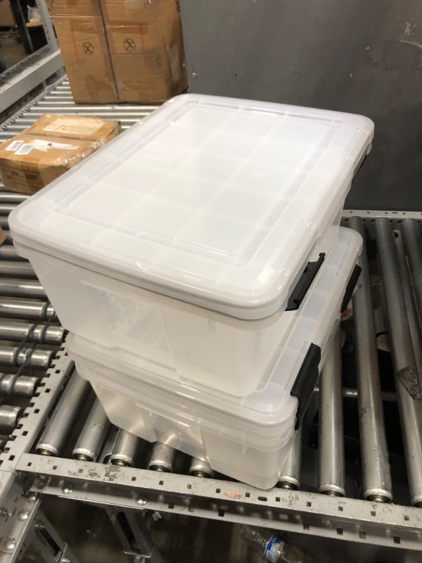 Photo 2 of **MISSING CONTAINERS**IRIS USA 30.6 Quart WEATHERPRO Plastic Storage Box with Durable Lid and Seal and Secure Latching Buckles, Weathertight, Clear with Black Buckles, 6 Pack 30.6 Qt. - 6 Pack