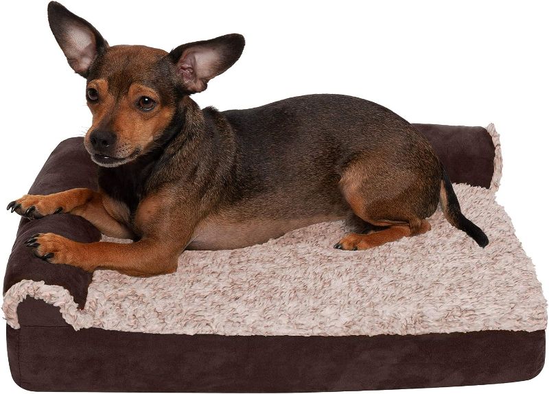 Photo 1 of 18"x26" Furhaven Two-Tone Faux Fur & Suede L-Shaped Chaise Egg Crate Orthopedic Foam Dog Bed - Espresso, Small
