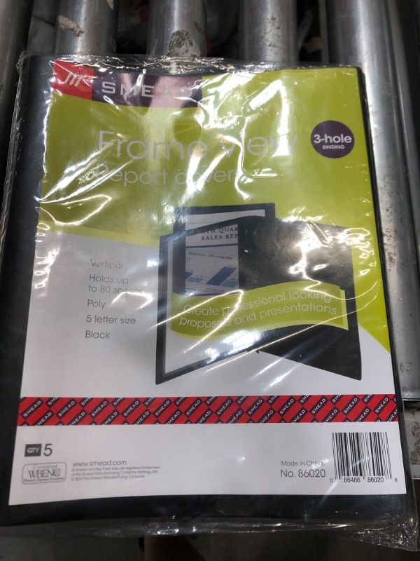Photo 1 of Smead Frame View Poly Report Cover, Three Double Tang Side Fasteners, Letter Size, Black/Clear Front, 5 per Pack (86020)