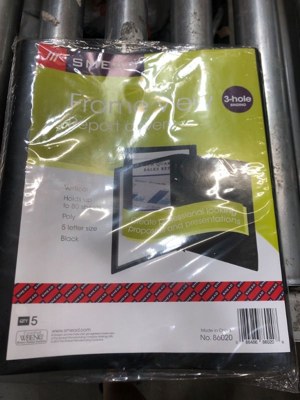 Photo 2 of Smead Frame View Poly Report Cover, Three Double Tang Side Fasteners, Letter Size, Black/Clear Front, 5 per Pack (86020)