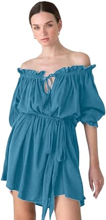 Photo 1 of ForeMode Women Summer Off The Shoulder Ruffle Flounce Short Sleeve Strapless A Line Mini Short Dress with Belt