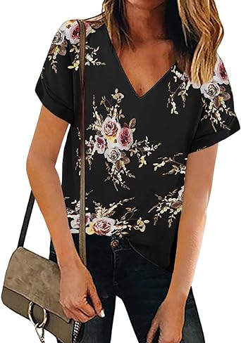 Photo 1 of Lynwitkui Women V Neck Chiffon Blouse Short Sleeve Summer Casual Loose Shirt Tops