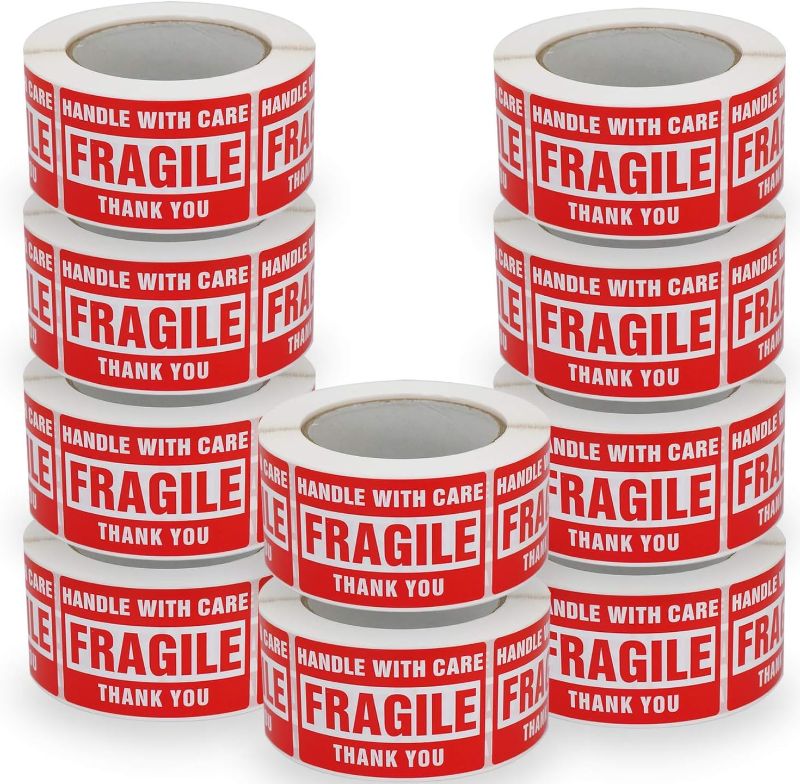 Photo 1 of 10 Rolls/5000 Labels,Handle with Care Fragile Thank You, Red Warning Shipping Label Stickers (2" x 3")

