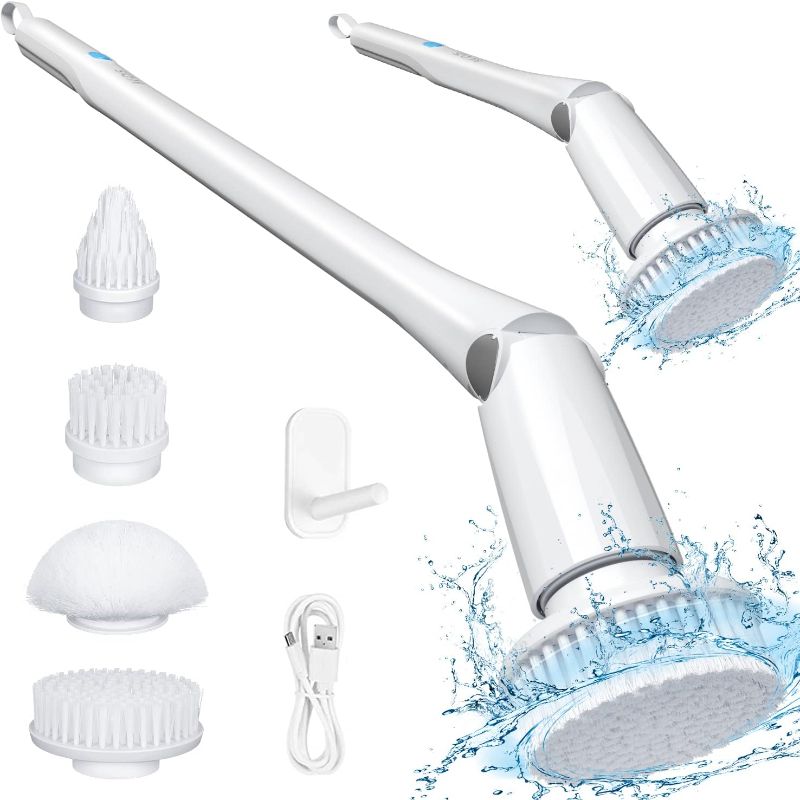 Photo 1 of *NEW TESTED* KGDJS Electric Spin Scrubber, 360 Cordless Shower Scrubber, Electric Spin Cleaner with 4 Replaceable Shower Cleaning Brush Heads and 1 Extension Arm for Tub, Tile, Kitchen, Bathroom
