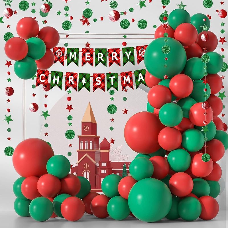 Photo 1 of *Set of 2** Christmas Balloons Garland Arch Kit Red and Green Balloons Pack With Merry Christmas Banner and Green Red Circle Dots Star Christmas Balloons Decorations Merry Christmas Party Decoration Supplies
