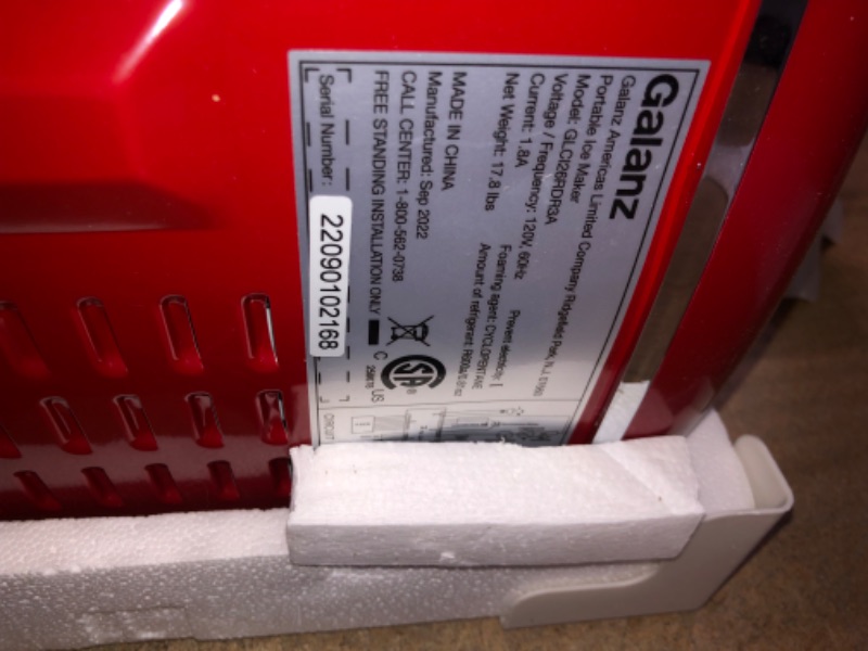 Photo 4 of **FOR PARTS OR REPAIR**SEE NOTES**
Galanz Portable Countertop Electric Ice Maker Machine, 26 lbs in 24 Hours, 9 Bullet Shaped Cubes Ready in 9 Minutes, 2 Ice Sizes, Perfect for Parties & Home Bar, 2.1 L, Retro Red