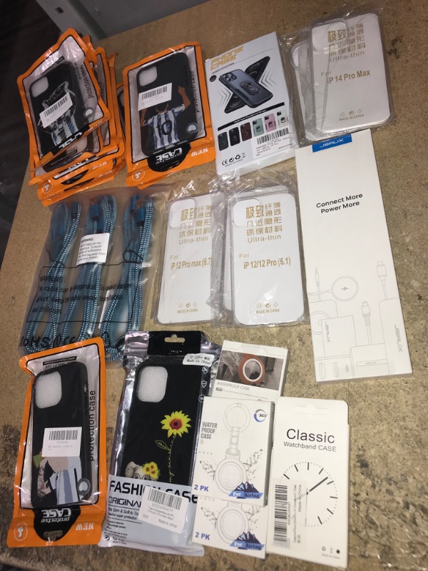 Photo 1 of 25PC Tech Accessories Bundle (iPhone 12 & 14 Cases & Smartwatch Tempered Glass, Android Chargers (NOT type-c) + Airtag Holders)