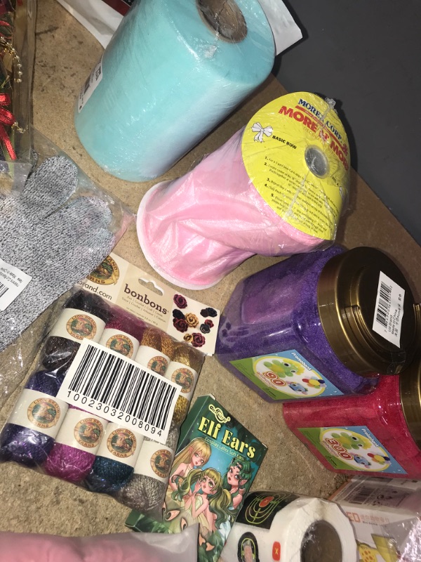 Photo 8 of 24PC Arts & Crafts Variety Bundle includes Puff Balls, Face Paint, Matte Paint, Mesh Bag, Blue Container, Sparkly Yarn, Xmas Ornaments (Sparkly Bells), 3PK LED Mini Animal Lamps, Ribbon, Elf Ears, Gloves & more! 