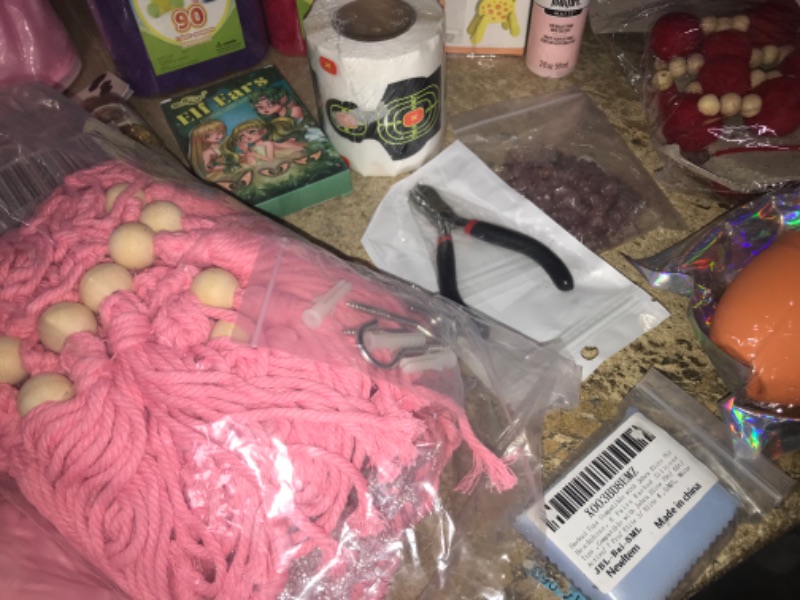 Photo 1 of 24PC Arts & Crafts Variety Bundle includes Puff Balls, Face Paint, Matte Paint, Mesh Bag, Blue Container, Sparkly Yarn, Xmas Ornaments (Sparkly Bells), 3PK LED Mini Animal Lamps, Ribbon, Elf Ears, Gloves & more! 