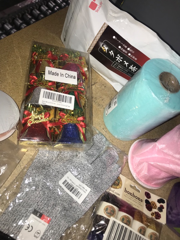 Photo 4 of 24PC Arts & Crafts Variety Bundle includes Puff Balls, Face Paint, Matte Paint, Mesh Bag, Blue Container, Sparkly Yarn, Xmas Ornaments (Sparkly Bells), 3PK LED Mini Animal Lamps, Ribbon, Elf Ears, Gloves & more! 