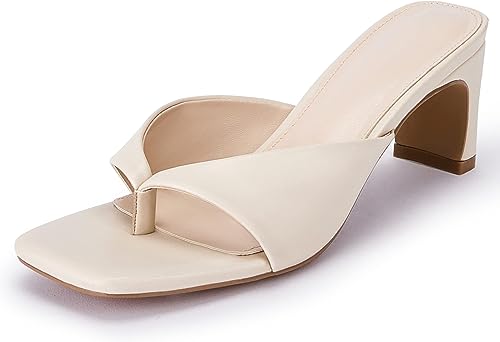 Photo 1 of Coutgo Womens Square Open Toe Flip Flops Heeled Sandals Slip On Slides Backless Mules Summer Slippers Dress Shoes Size 7.5, Beige 
