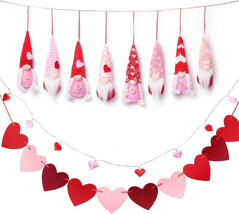Photo 2 of 10pcs Decor Plush Set Love for Valentine's Day Mother's Day Marriage Proposal Ceremony and Birthday Party Gift,with 8pcs Handmade Hanging Gnomes,Lights and Banner, Pack into Gift Box,Cute Pink 