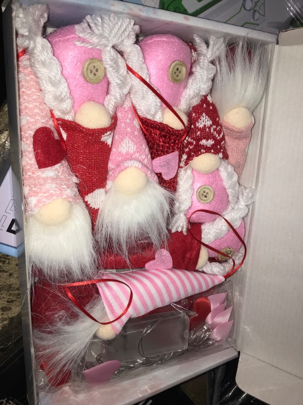 Photo 1 of 10pcs Decor Plush Set Love for Valentine's Day Mother's Day Marriage Proposal Ceremony and Birthday Party Gift,with 8pcs Handmade Hanging Gnomes,Lights and Banner, Pack into Gift Box,Cute Pink 