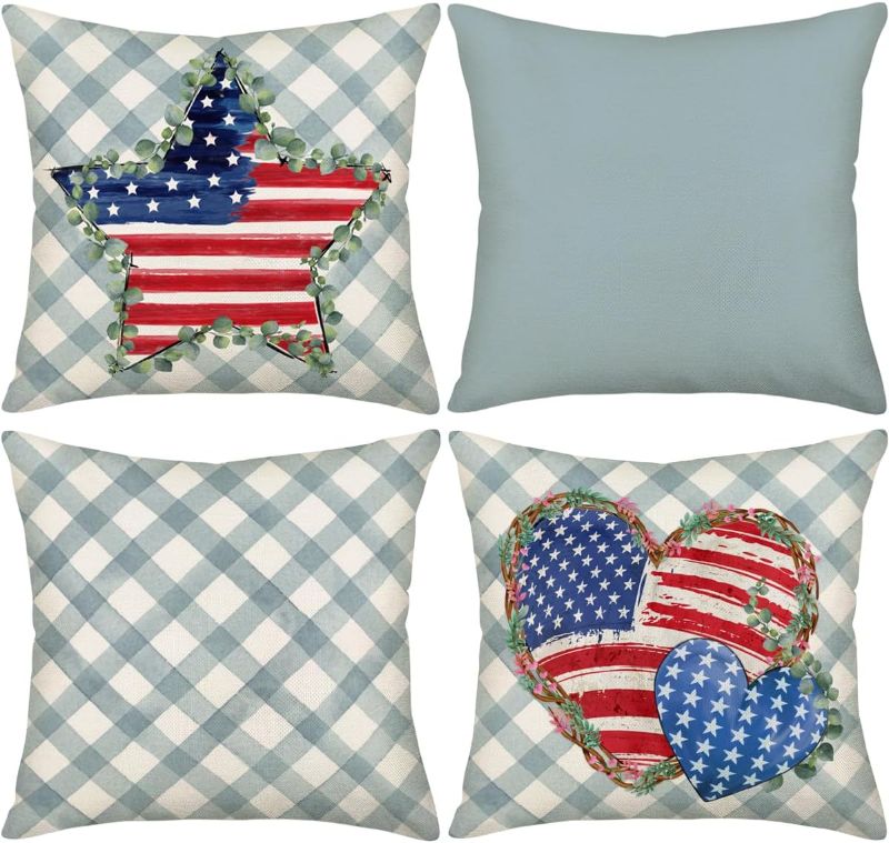 Photo 1 of American Flag Stars Heart Patriotic Decorations Pillow Cover 18x18 Inch Set of 4 Sage Green Plaid Buffalo Eucalyptus Cushion Cover 4th of July Independence Day Memorial Day Home Decor Pillowcases