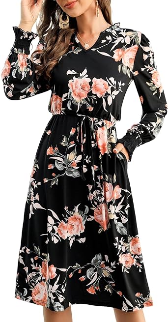 Photo 1 of Black Pink Chang Yun Floral Summer Dresses for Women Chiffon Wedding Guest Ruffle Long Sleeve Retro Boho Pockets Midi Dress 