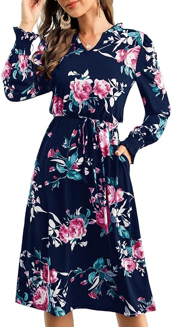 Photo 1 of Dark Blue Chang Yun Floral Summer Dresses for Women Chiffon Wedding Guest Ruffle Long Sleeve Retro Boho Pockets Midi Dress