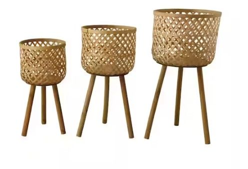 Photo 1 of *MISSING 2 BASKETS* Bamboo Floor Basket with Wood Legs (Set of 3)
