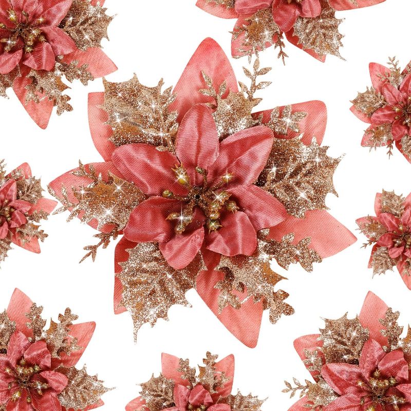 Photo 1 of ** Set of 2* Sawowkuya 15 Pcs Glitter Artificial Flowers Christmas Tree Decorations with Clips for Xmas Tree Ornaments Wedding Party Wreath Decor Pink-2