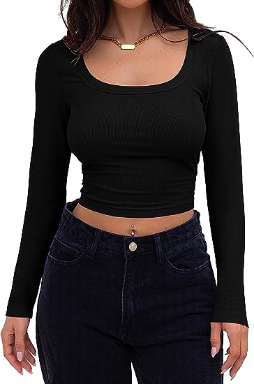 Photo 1 of MEROKEETY Women's Long Sleeve Square Neck Crop Top Ribbed Slim Fitted Y2K Casual T-Shirt Tops
SIZE L