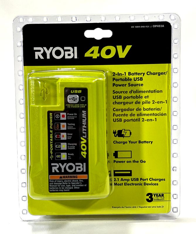 Photo 1 of Ryobi 40V 2-in1 Battery Charger/Portable USB Power Source 1004-040-931 OP403A
