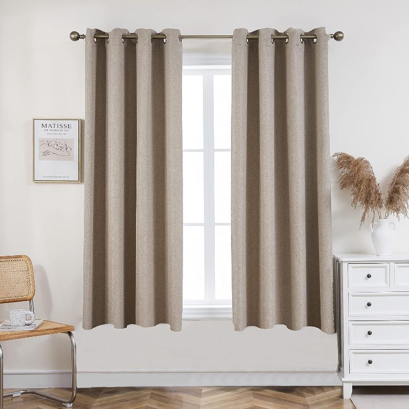 Photo 1 of (Beige Cafe, 42x63 in) bestselected Blackout Curtain Linen Texture -Thermal Insulated Solid Grommet Room Darkening Curtain/2 Panel/Drape for Bedroom
