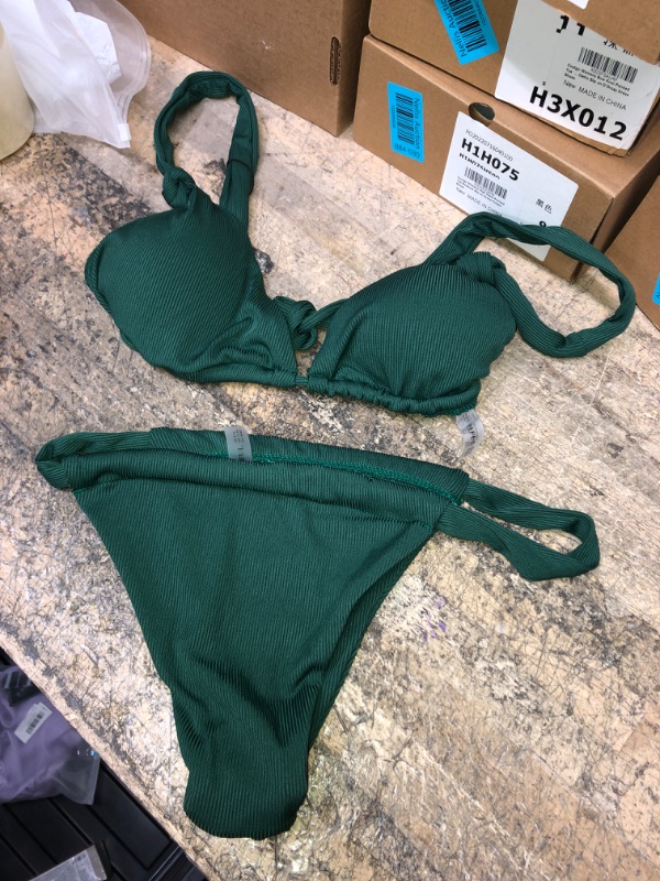 Photo 1 of Dark Green Size Large ZAFUL Womens Bikini Set Tie Knot Ruched Triangle Swimsuit Cheeky Swimwear Two Piece Bathing Suits