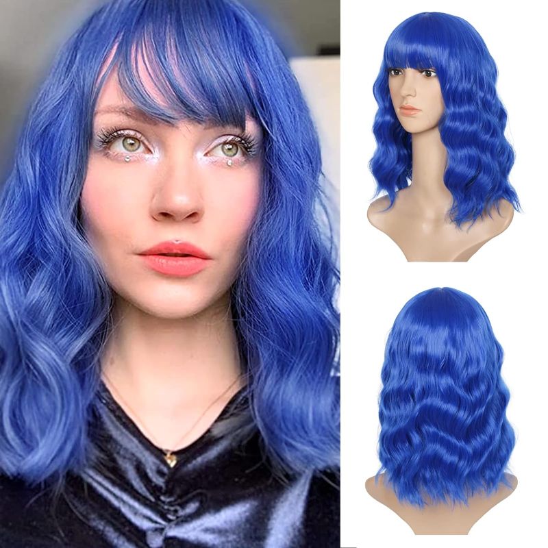 Photo 1 of ASKUANG Blue Wigs for Women Short Bob Wavy Wig with Bangs Shoulder Length Loose Wavy Blue Wig for Daily Use Cosplay Party Colorful Wigs 