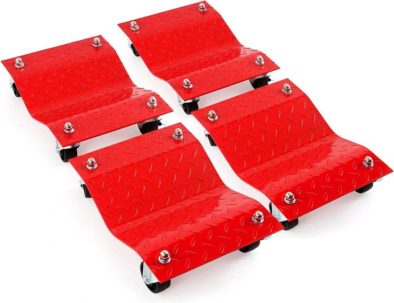 Photo 1 of 4 Tire Car Wheel Dolly Heavy Duty MEGA-Push Skates Triple Ball Bearings with Brakes 6000 lb Capacity Red
