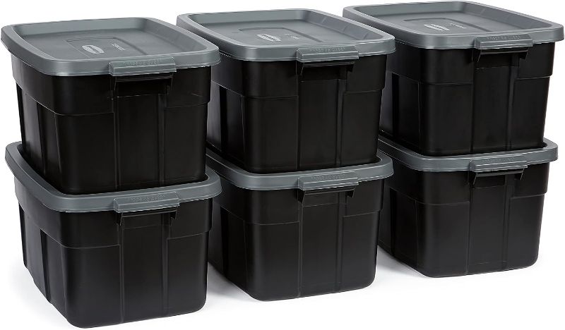 Photo 1 of **NO LIDS** Rubbermaid Roughneck? 14 Gallon Storage Totes, Pack of 6, Durable Stackable Storage Containers with Lids, Nestable Plastic Storage Bins for Camping Supplies, Blankets, Holiday Storage, Black and Grey
