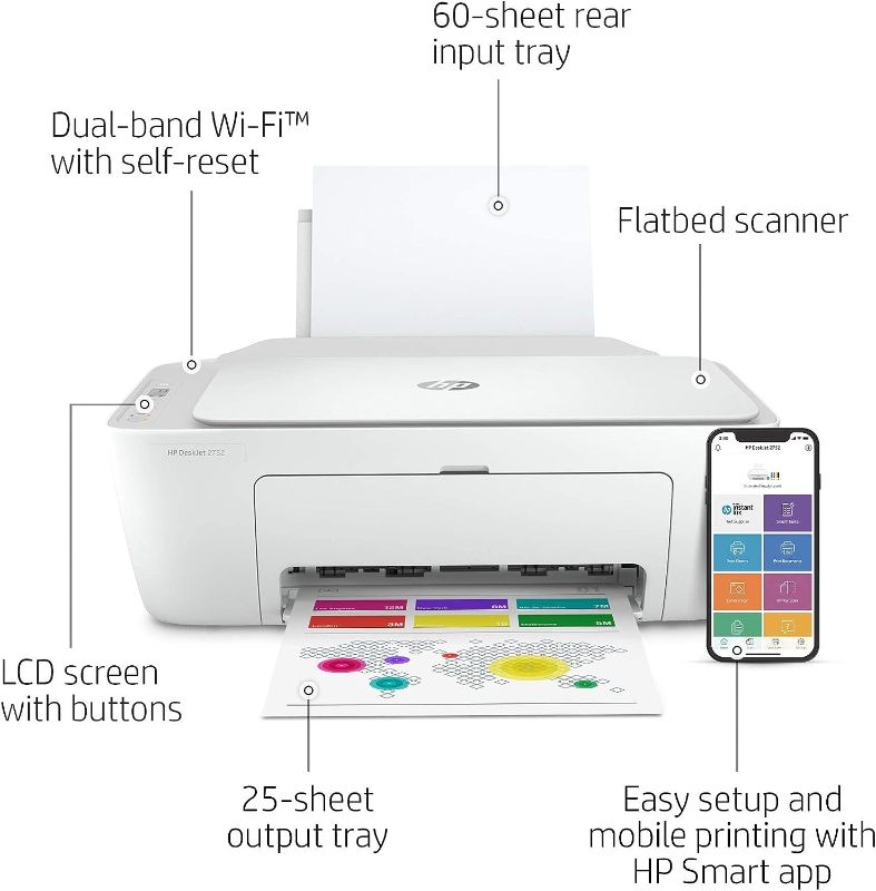 Photo 1 of HP DeskJet 2752 All-in-One Color Inkjet Printer Scanner and Copy with Mobile Printing, Wireless Printers for Home and Office, Instant Ink Ready, Dual-Band WiFi, 8RK11A (Renewed)
