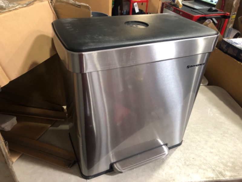 Photo 5 of ***DAMAGED - BIN JAMMED INSIDE TRASH CAN - LOGO RIPPED OFF TOP - SEE PICTURES***
SONGMICS Kitchen Trash Can, 16 Gallons (2 x 8 Gallons) Dual Compartment Garbage Can, 60L Pedal Recycling Bin, Stay-Open Lid and Soft Closure, Stainless Steel, 15 Trash Bags I