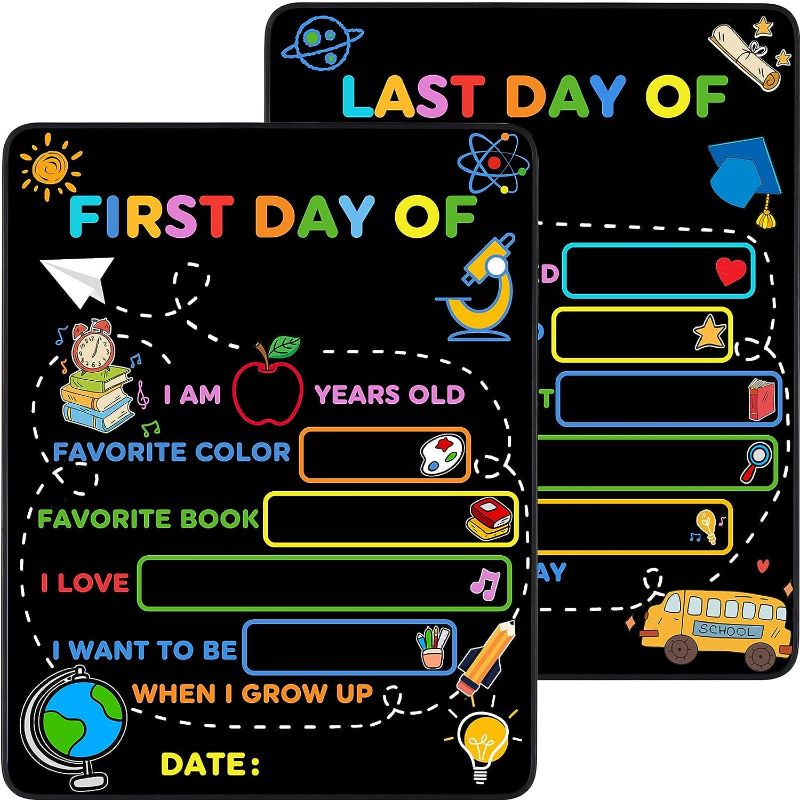 Photo 1 of 2 PACK**First & Last Day of School Board Sign, 14x11 Inch Back to School Chalkboard Sign Reusable - 1st and Last Day of Kindergarten Grade Preschool Sign, Double-Sided Back to School Supplies for Kids
