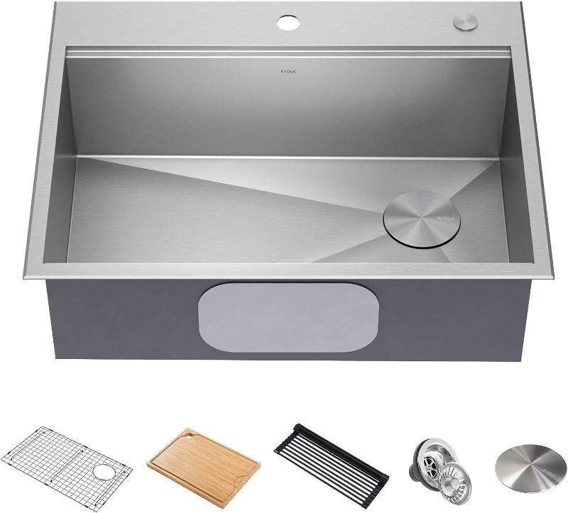 Photo 1 of **FRONT LEFT CORNER IS SLIGHTLY DENTED**
KRAUS Kore 28 Inch Drop-in / Undermount Workstation 16 Gauge Stainless Steel Single Bowl Kitchen Sink with Accessories, KWT310-28
