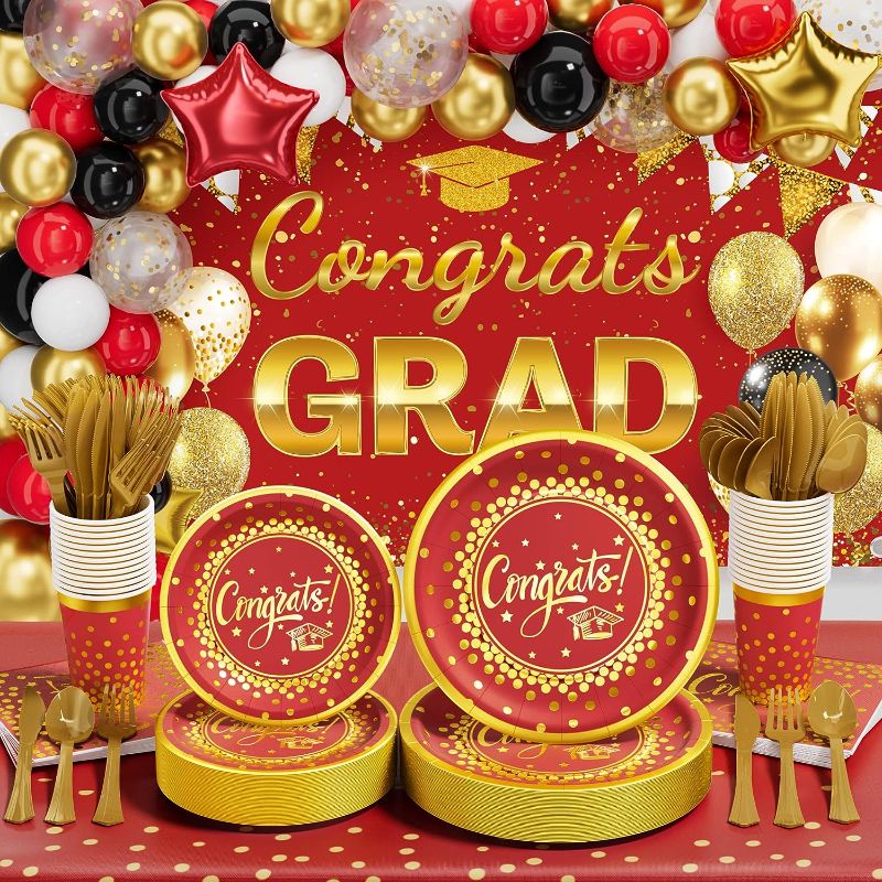 Photo 1 of Ecomore 2023 Graduation Party Supplies 245 PCS (25 Guest) Graduation Party Decorations With Paper Plates Cups Napkins Cutlery & Tablecloth Backdrop Balloon for 2023 Graduation Decor - Red & Gold
