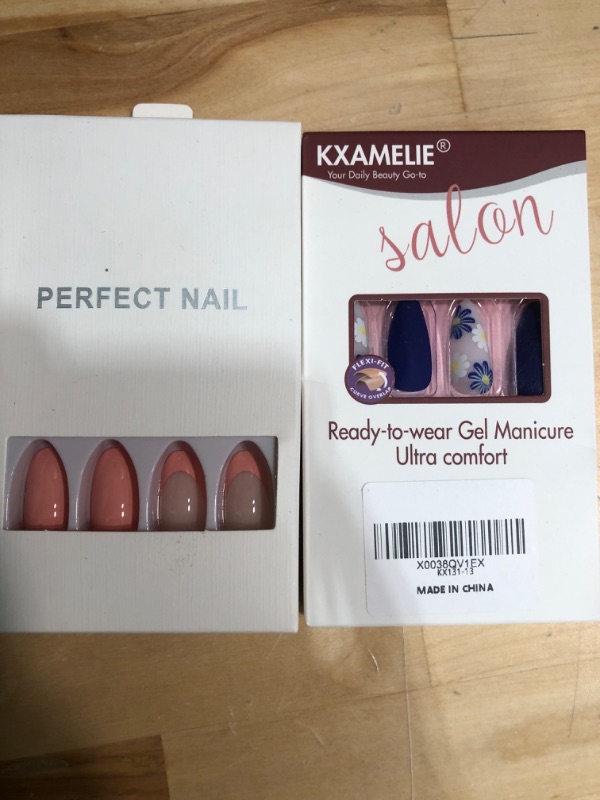 Photo 2 of 2PACK**KXAMELIE Blue Flora Press on Nails Short Nails for Women Gel Fake Nails Press on Nude Glue on Nails Short French Nails Kit Acrylic Set Summer Press on Nails Natural False Nails Set Almond Nails for Girls 24 Pieces