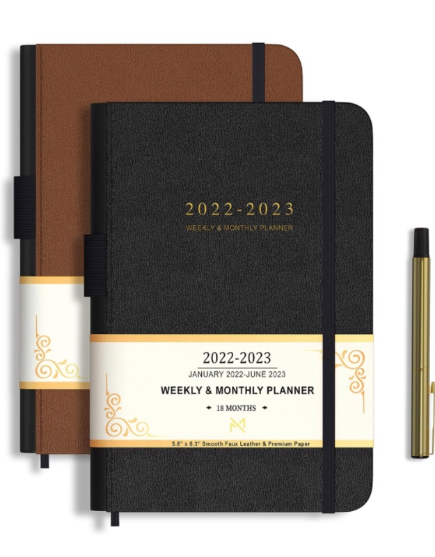 Photo 1 of Modern Mercantile Planner 2022-2023 - 5.8" x 8.3" Jan 2022 - June 2023 Monthly Planner with Weekly and Monthly Planning, Faux Leather Hard Cover, Gold Pen, Book Case, Bookmark and Elastic Band