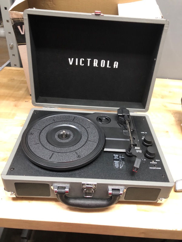 Photo 2 of Victrola Vintage 3-Speed Bluetooth Portable Suitcase Record Player with Built-in Speakers | Upgraded Turntable Audio Sound| Includes Extra Stylus | NWG, Model Number: VSC-550BT-NWG Grey Record Player