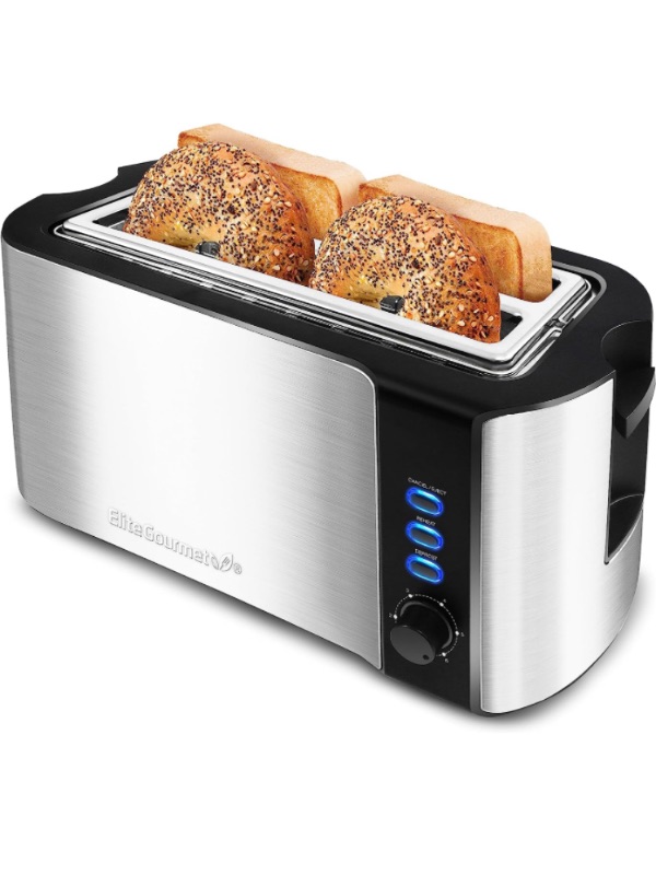 Photo 1 of ***POWERS ON*** Elite Gourmet ECT-3100 Long Slot 4 Slice Toaster, Reheat, 6 Toast Settings, Defrost, Cancel Functions, Built-in Warming Rack, Extra Wide Slots for Bagels & Waffles, Stainless Steel & Black