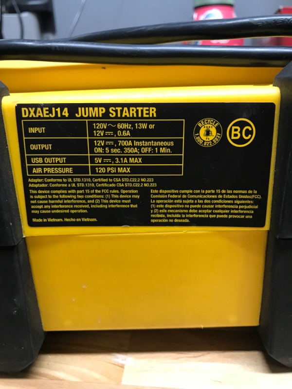 Photo 4 of DEWALT DXAEJ14 Digital Portable Power Station Jump Starter: 1400 Peak/700 Instant Amps, 120 PSI Digital Air Compressor, 3.1A USB Ports, Battery Clamps , Yellow