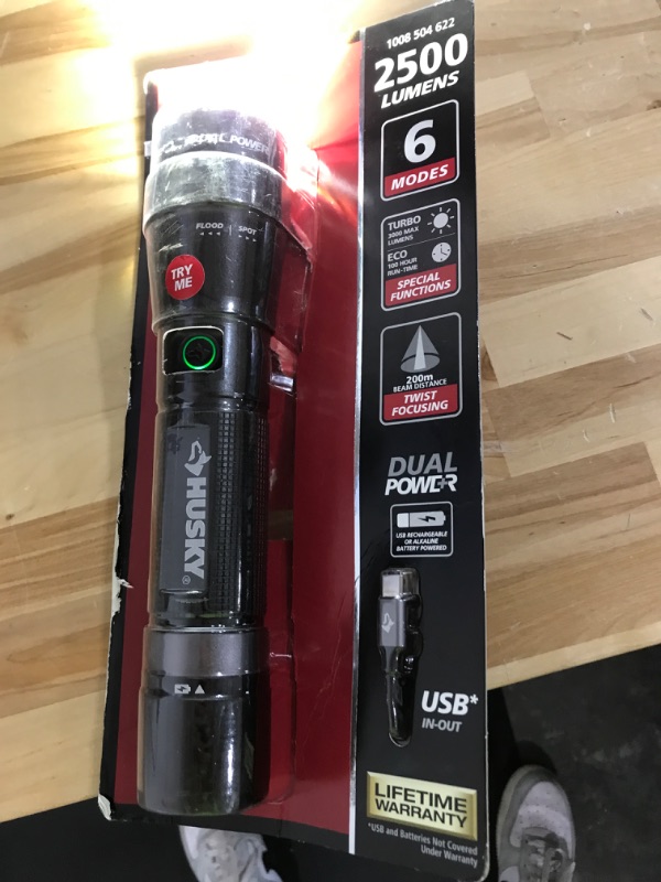Photo 2 of [READ NOTES]
Husky 2500 Lumens Dual Power LED Rechargeable Focusing Flashlight with Rechargeable Battery and USB-C Cable Included, Black

