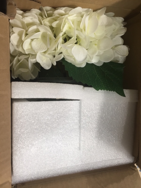 Photo 1 of Hydrangea Artificial Flowers with Vase White Silk Fake Flowers Arrangements in Glass Vase with Faux Water for Home Bathroom Office Table Centerpiece Shelf Decorations White, Hydrangea Glass Vase