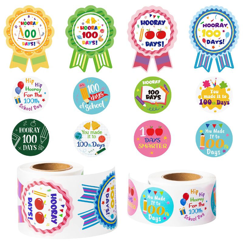 Photo 1 of 2 PACK***W1cwey 700pcs 100 Days of School Sticker Rolls(2 Rolls), 3.1 Inch and 1.4 Inch 12 Designs Cartoon 100 Day of School Teacher Reward Motivational Encouragement Badge Sticker for Kids School Supplies 100 Days S2