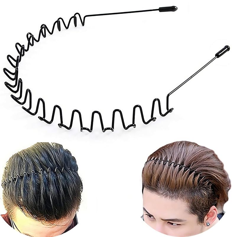 Photo 1 of 2 PACK***TALLTECH Metal Hair Band for Men Headband Women Hair Bands Unisex Black Wavy Spring Outdoor Sports Headbands for Men's Hair Band Hoop Clips Women Accessories Simple Elastic Non Slip Headwear Black 1 Count