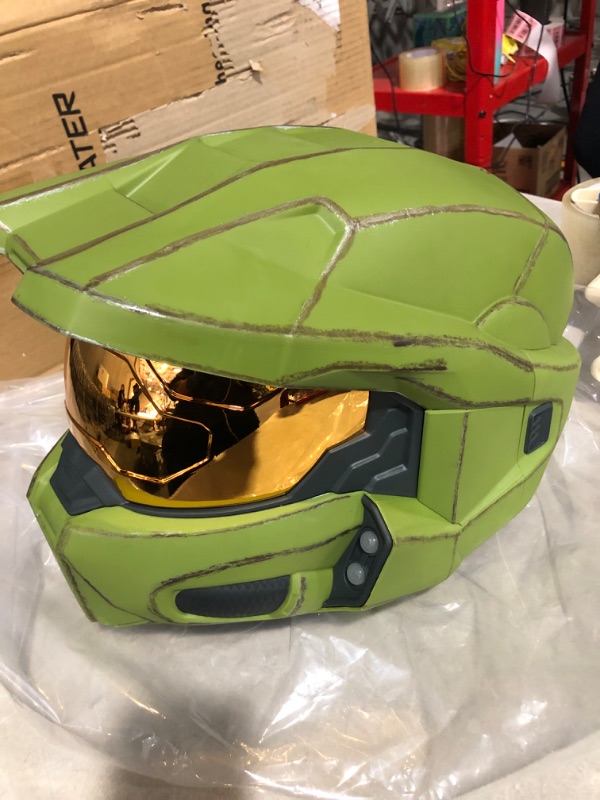 Photo 3 of * see images for damage * 
HALO Master Chief Deluxe Helmet with Stand - LED Lights on Each Side - Battle Damaged Paint - 