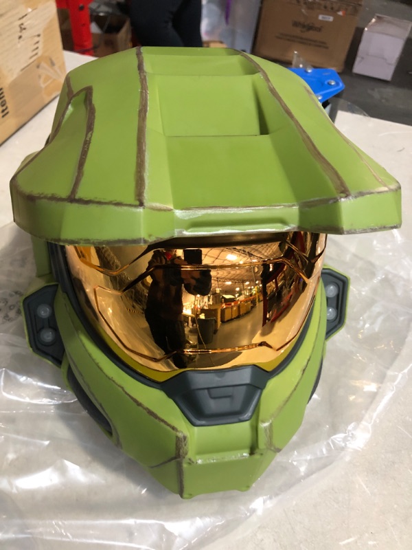 Photo 2 of * see images for damage * 
HALO Master Chief Deluxe Helmet with Stand - LED Lights on Each Side - Battle Damaged Paint - 